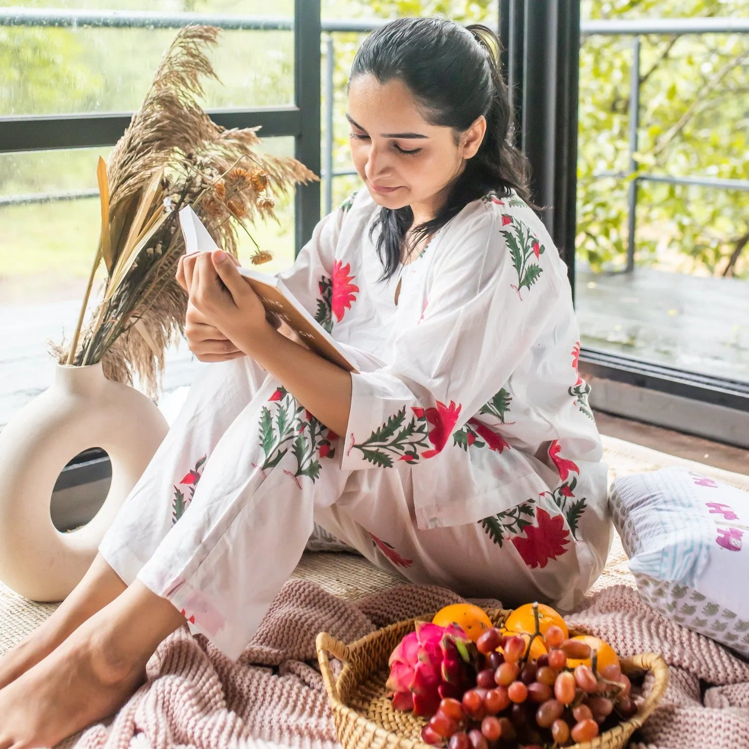 White And Pink Floral Blockprinted Loungewear Pyjama Set