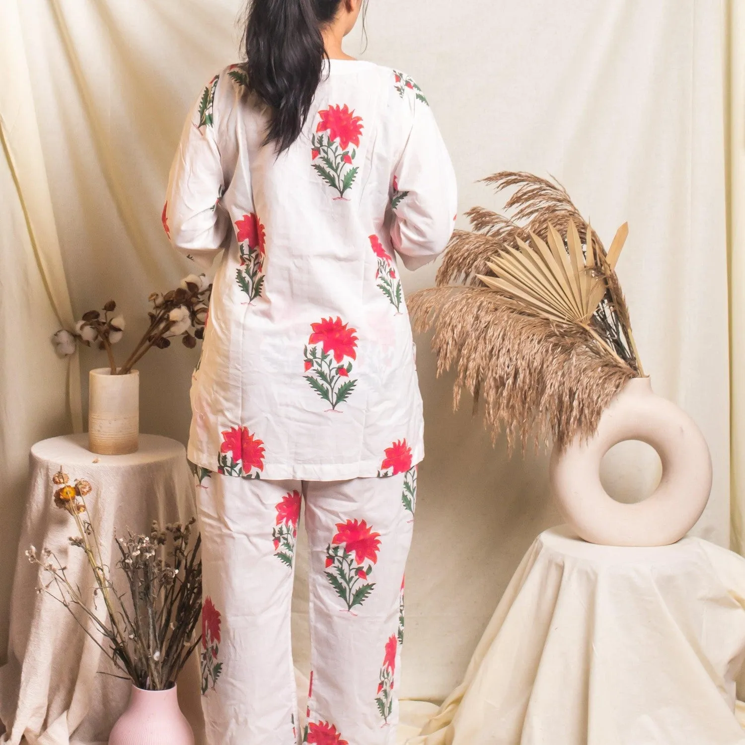 White And Pink Floral Blockprinted Loungewear Pyjama Set