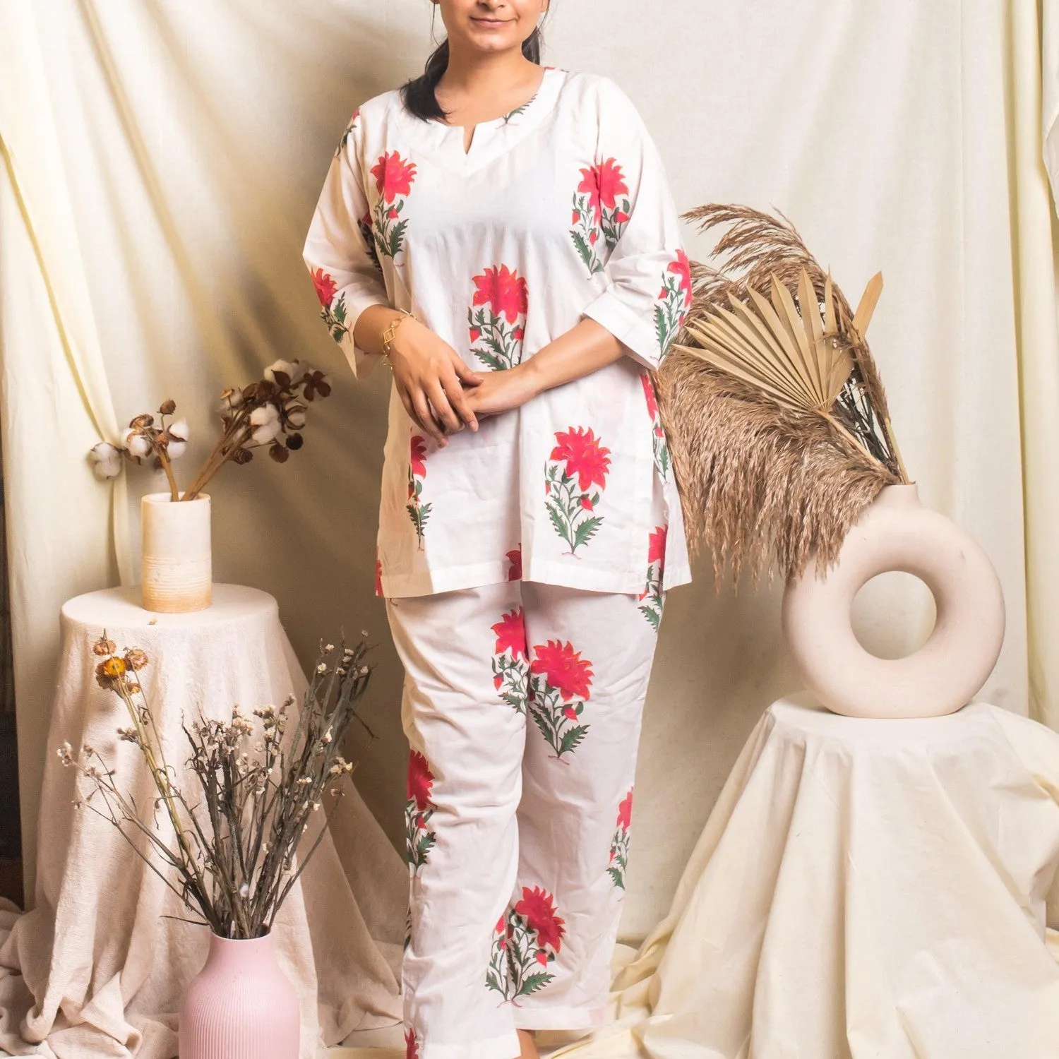 White And Pink Floral Blockprinted Loungewear Pyjama Set