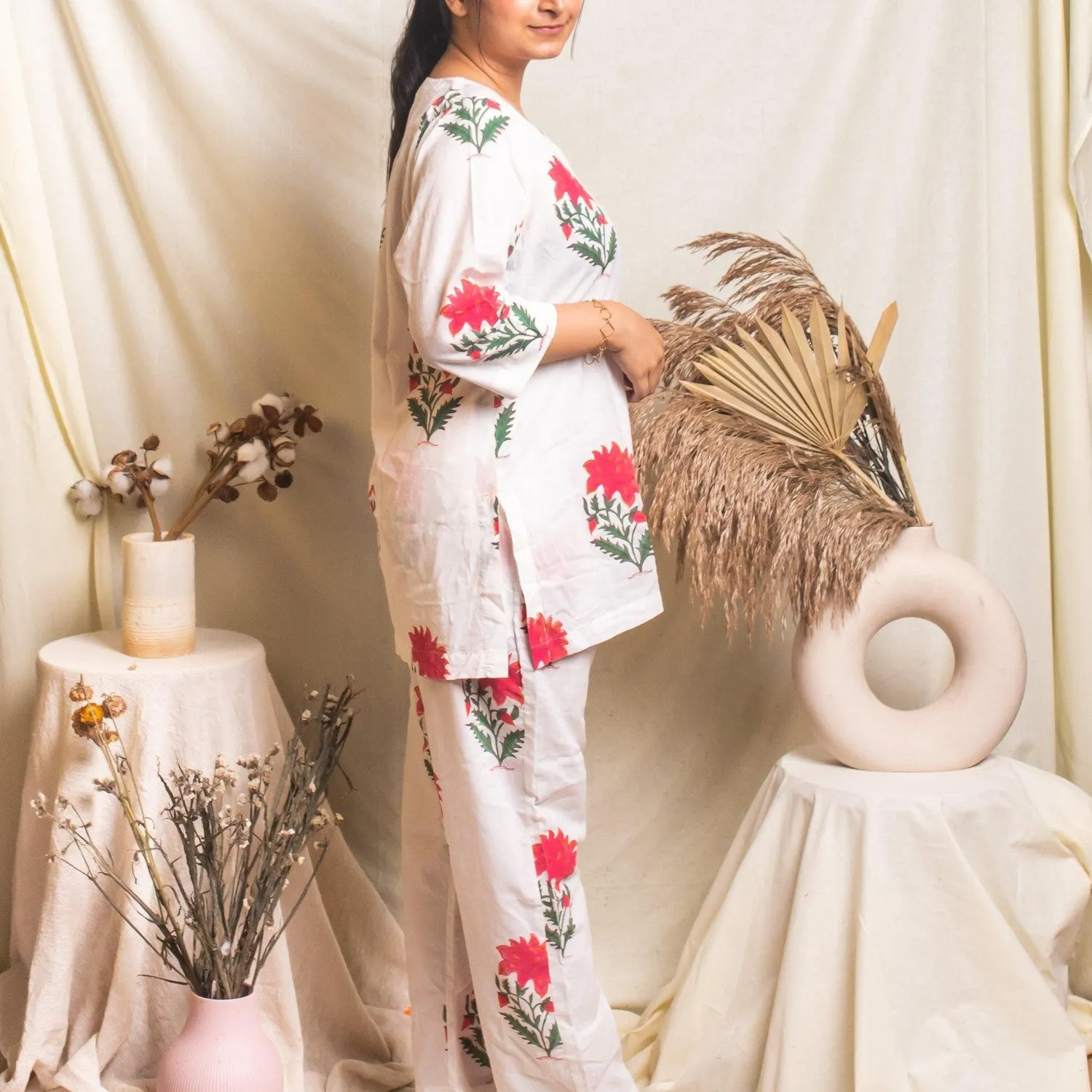 White And Pink Floral Blockprinted Loungewear Pyjama Set