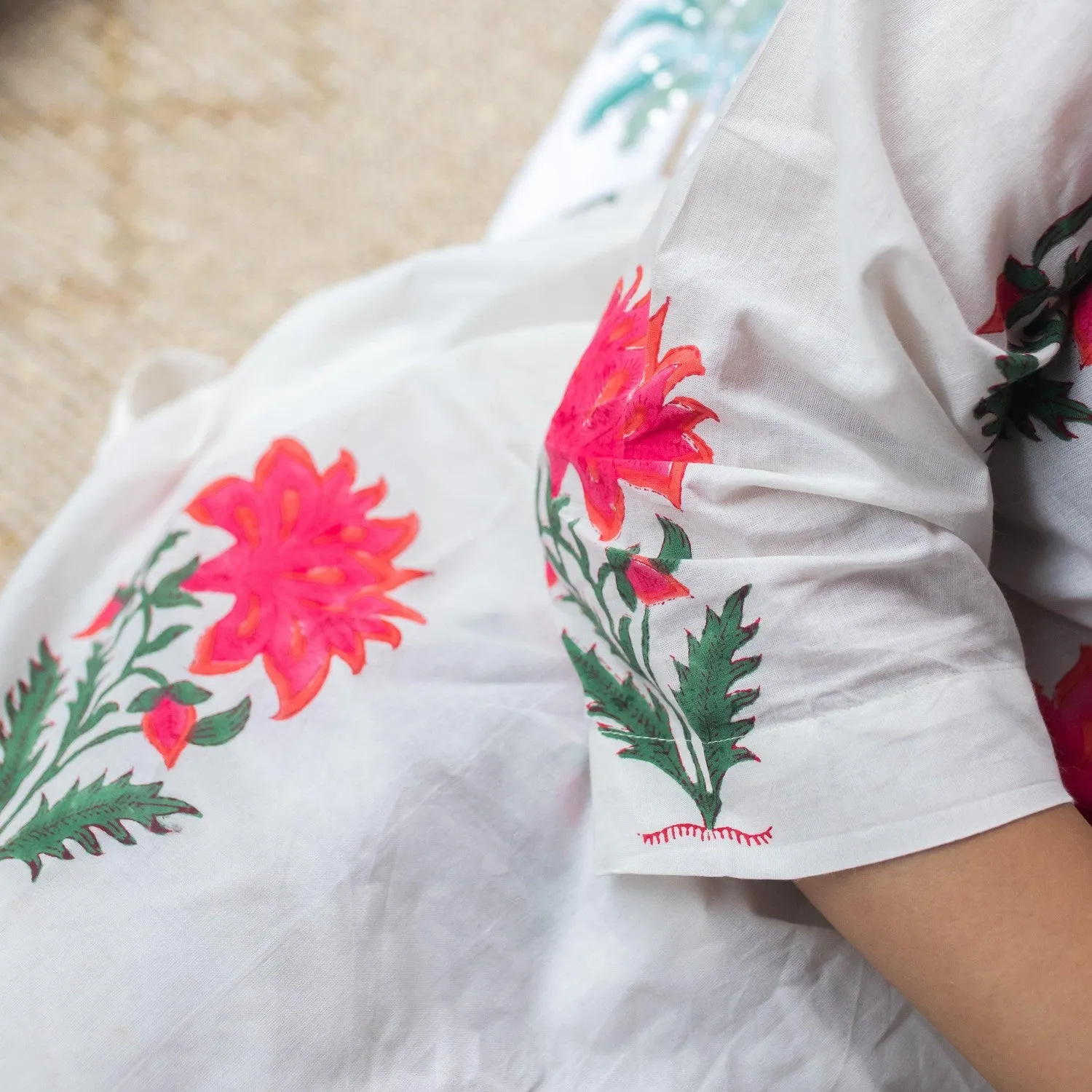 White And Pink Floral Blockprinted Loungewear Pyjama Set