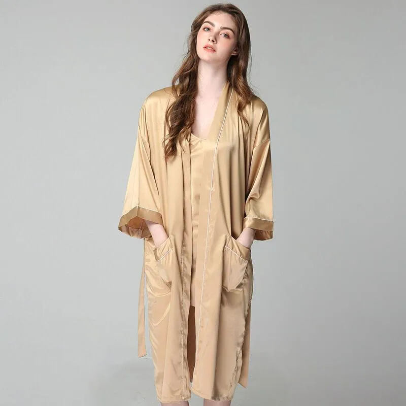 Women Long 100% Silk Nightgown and Robes Set