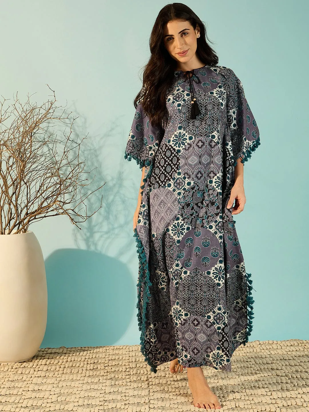 Women Patchwork Printed Purple Cotton Kaftan Nightdress With Fringes