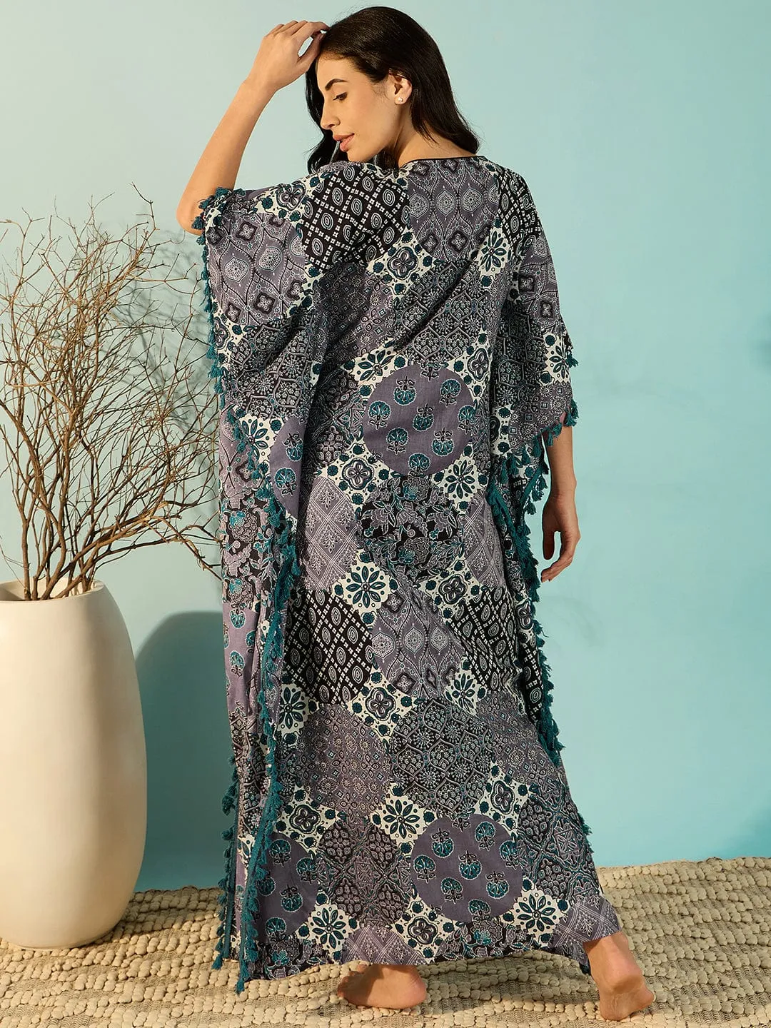 Women Patchwork Printed Purple Cotton Kaftan Nightdress With Fringes