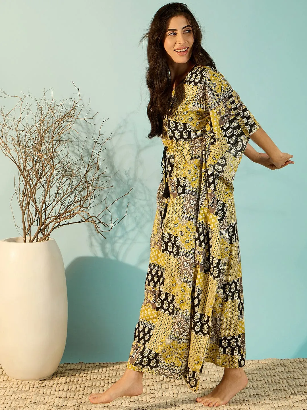 Women Patchwork Printed Yellow Cotton Kaftan Nightdress