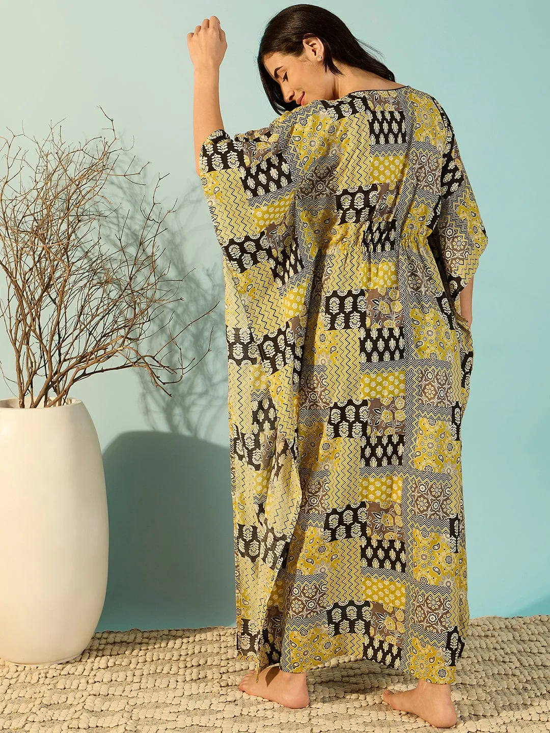 Women Patchwork Printed Yellow Cotton Kaftan Nightdress