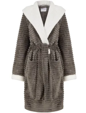 Women's Bear Chunky Stripe Soft Fleece Tie Robe Dressing Gown with Hood in Grey - Tokyo Laundry