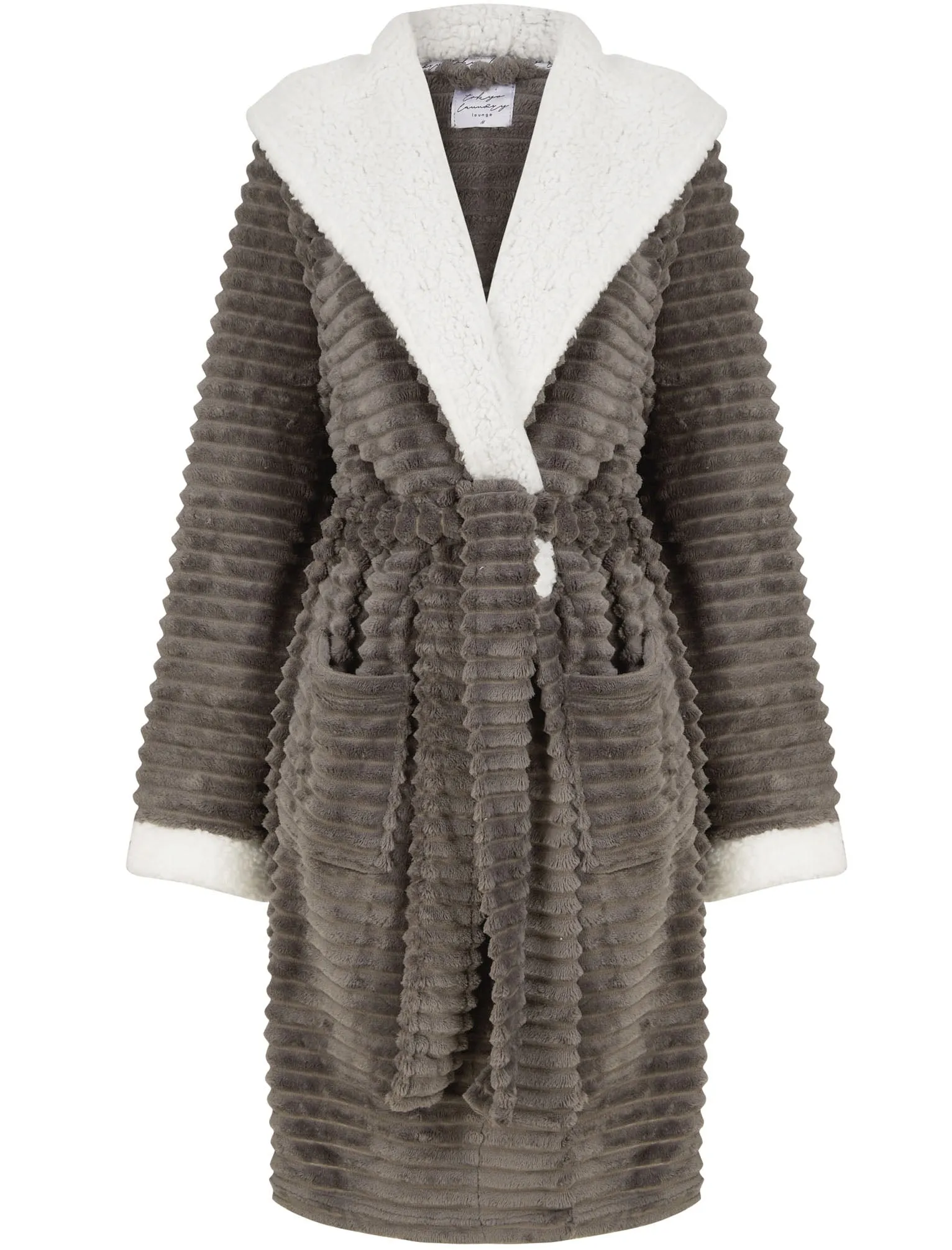 Women's Bear Chunky Stripe Soft Fleece Tie Robe Dressing Gown with Hood in Grey - Tokyo Laundry