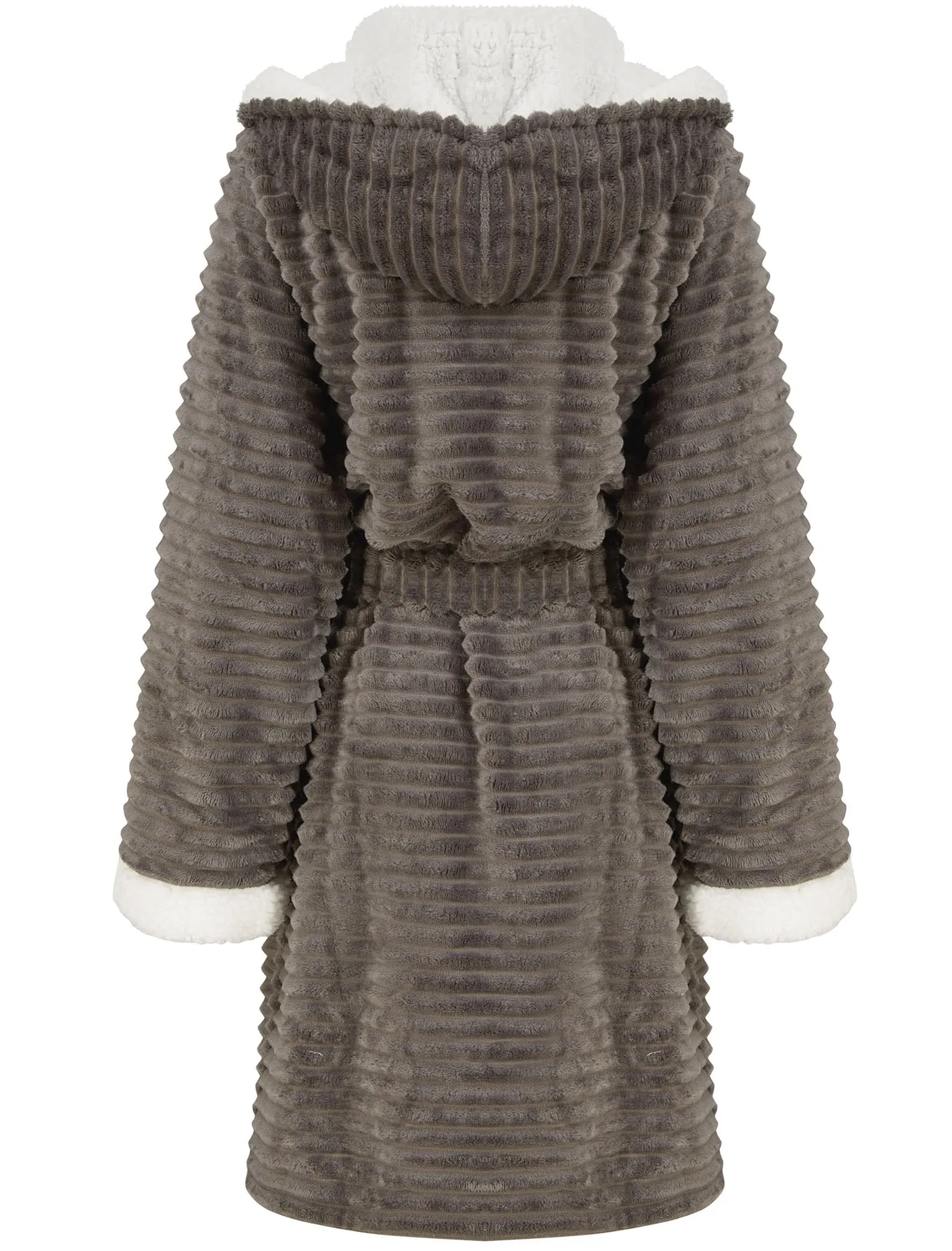 Women's Bear Chunky Stripe Soft Fleece Tie Robe Dressing Gown with Hood in Grey - Tokyo Laundry