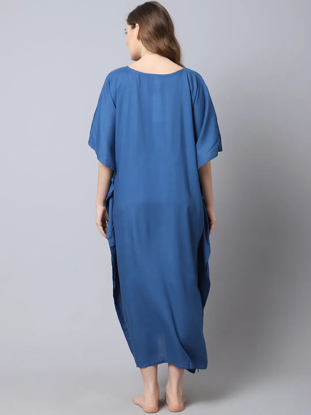 Women's Rayon Solid Kaftan Nighty/ Night Gown - Blue