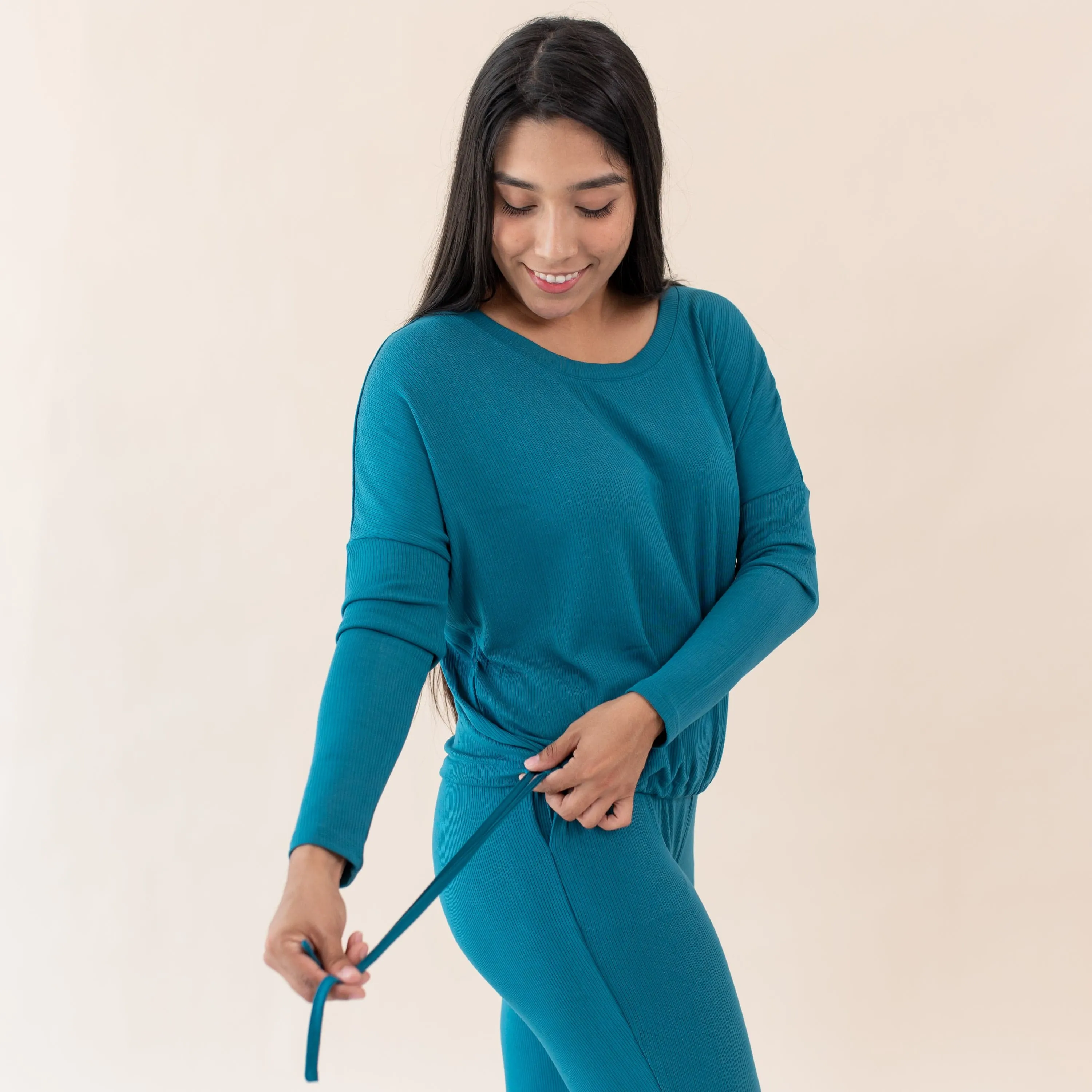 Women's Ribbed Long Sleeve Drop Shoulder Top in Loch