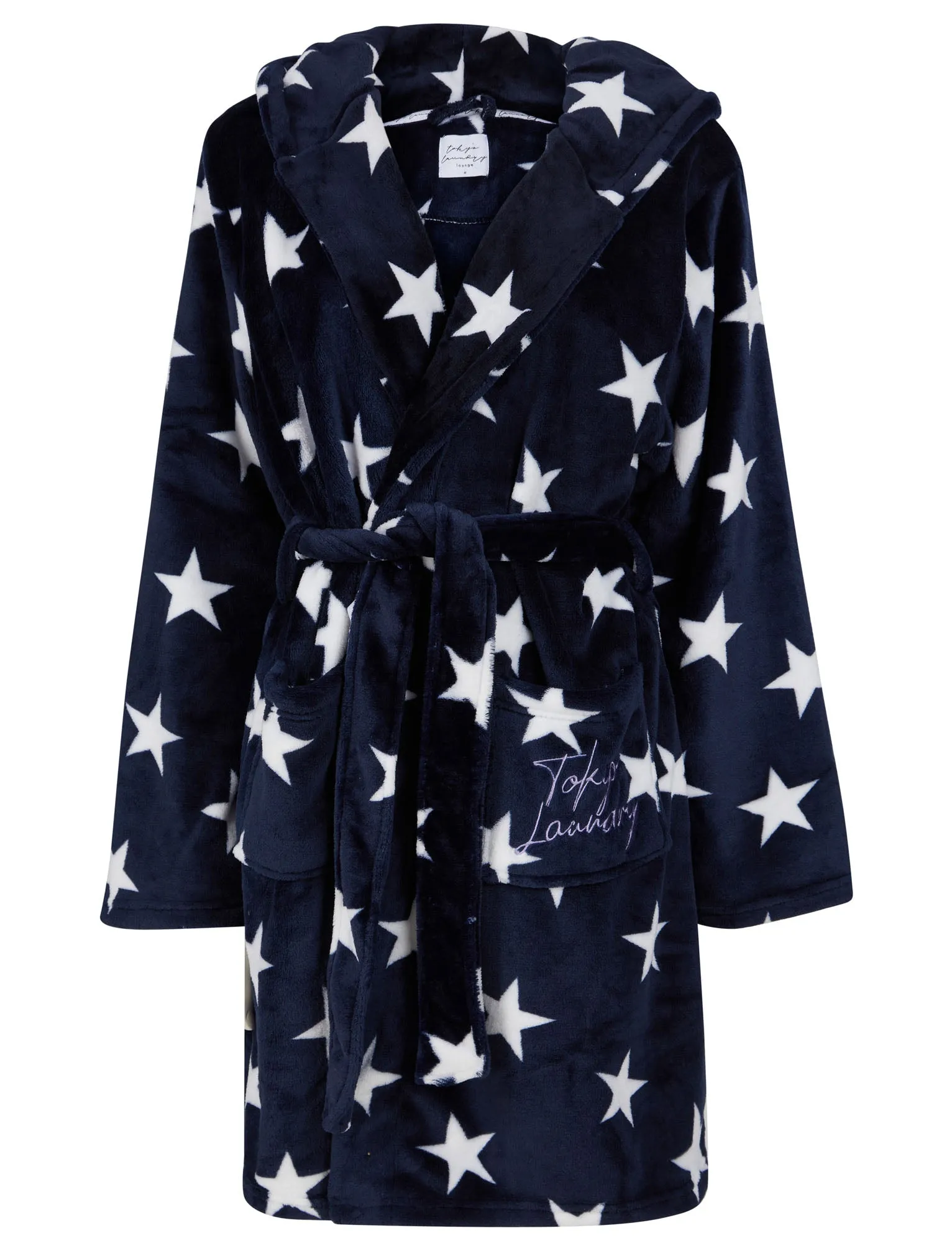 Women's Stars Soft Fleece Tie Robe Dressing Gown with Hooded Ears in Eclipse Blue - Tokyo Laundry