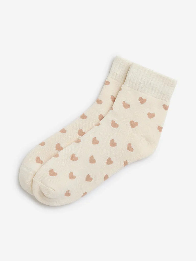 Wunderlove Beige Heart Design Cotton Blend Socks