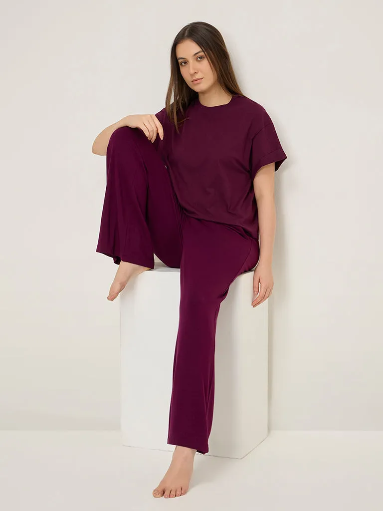 Wunderlove Dark Purple Solid Roll Up Cotton Top