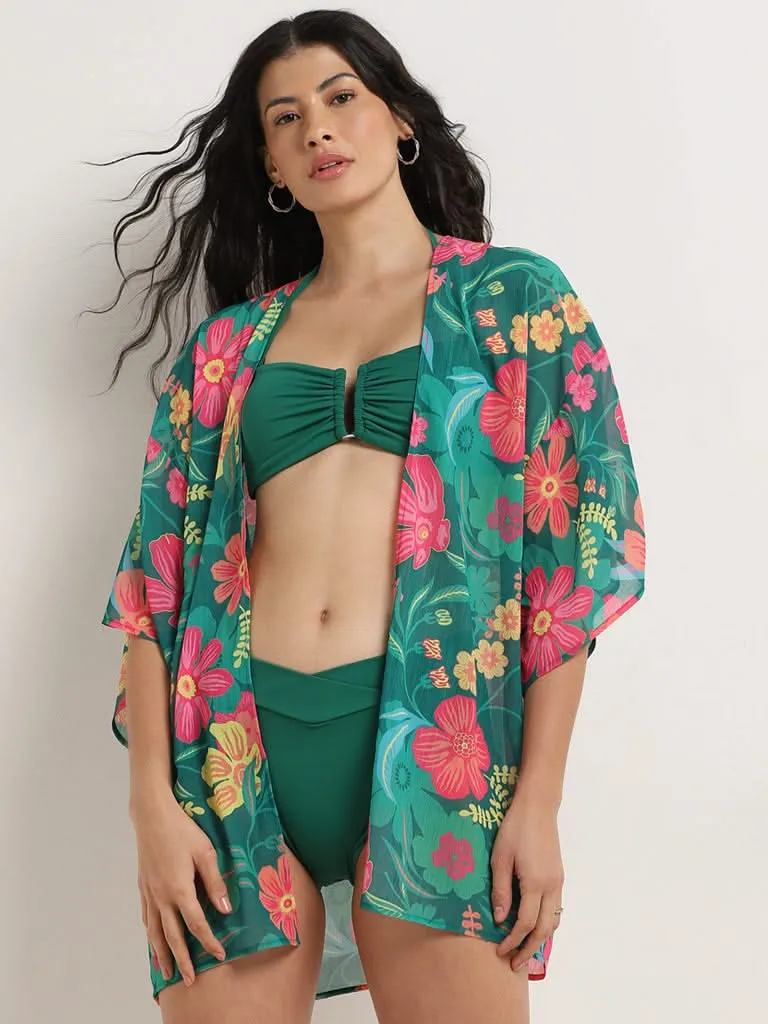 Wunderlove Green Floral Print Swimwear Cover Up Kimono