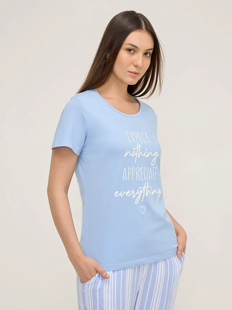 Wunderlove Light Blue Text Printed Cotton T-Shirt