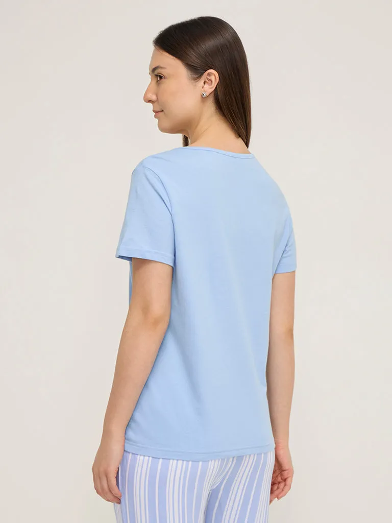 Wunderlove Light Blue Text Printed Cotton T-Shirt