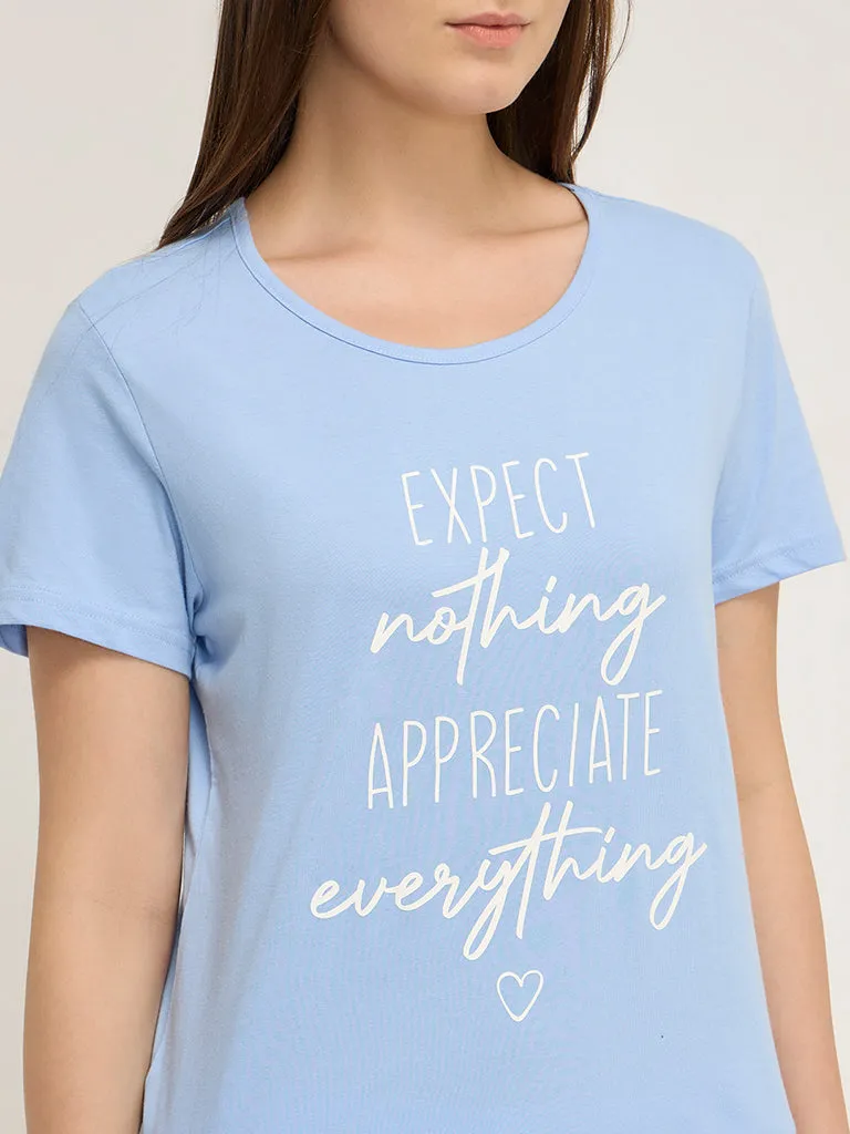 Wunderlove Light Blue Text Printed Cotton T-Shirt