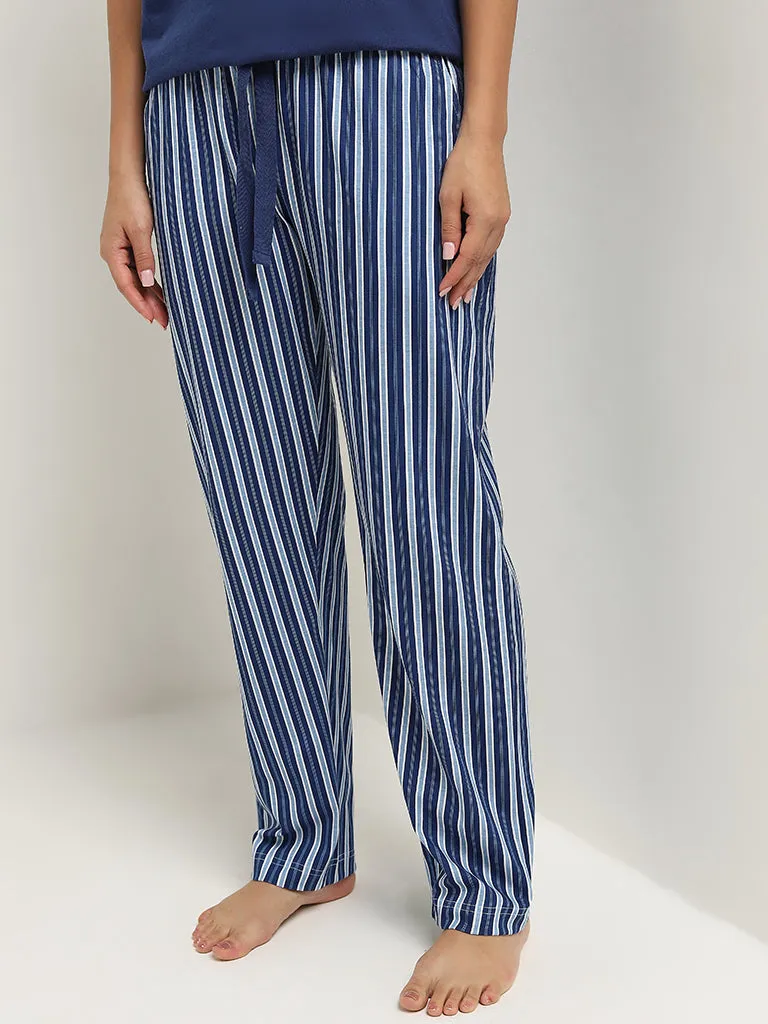 Wunderlove Navy Stripe Printed High-Rise Cotton Pyjamas