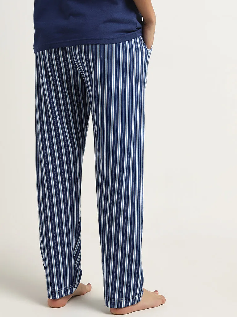 Wunderlove Navy Stripe Printed High-Rise Cotton Pyjamas