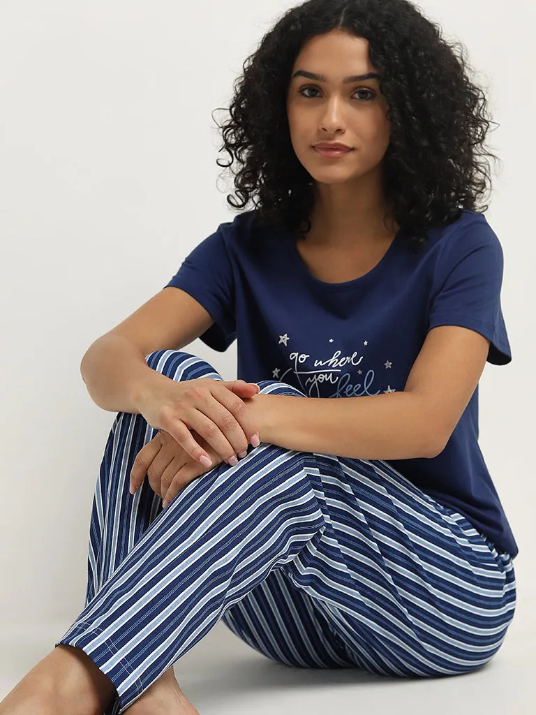 Wunderlove Navy Stripe Printed High-Rise Cotton Pyjamas