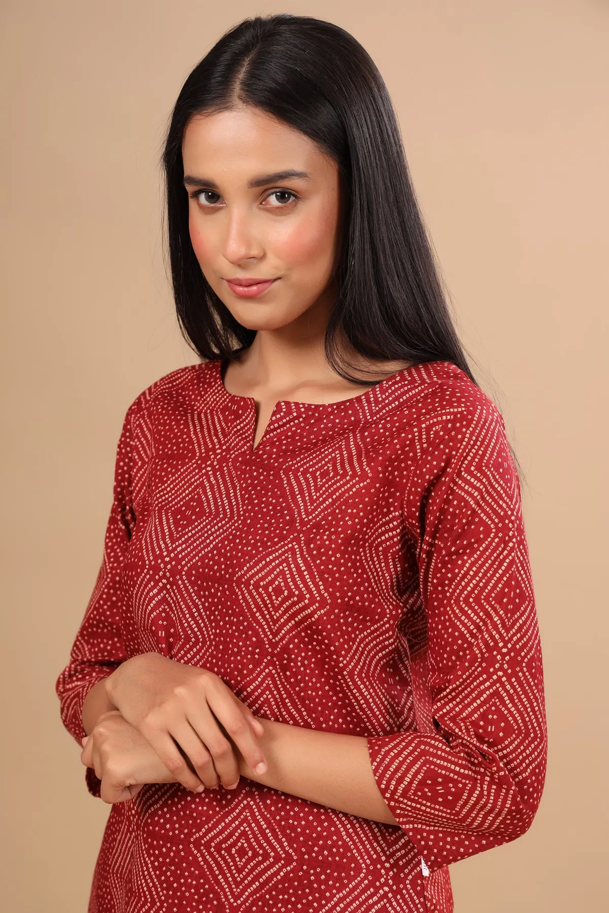 Zig-Zag Bandhani on Red Loungewear Top Set