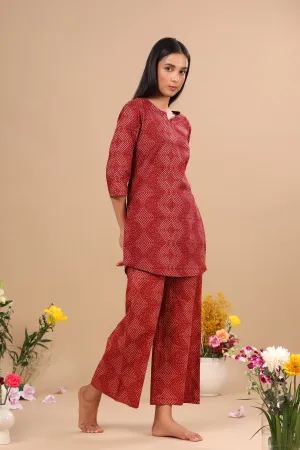 Zig-Zag Bandhani on Red Loungewear Top Set